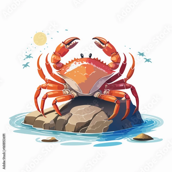 Fototapeta Illustrated Red Crab with a Glossy Shell and Raised Pincers in a Defensive Pose