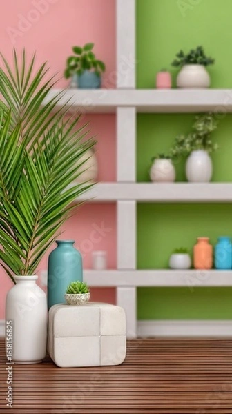 Obraz Pastel Home Decor with Green and Pink Walls Featuring Potted Plants and Vases