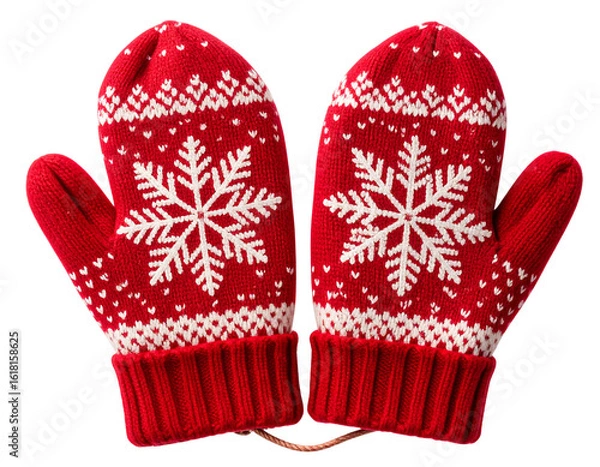 Obraz Cozy Red and White Snowflake Knitted Winter Mittens PNG