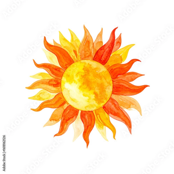 Fototapeta Watercolor sun with orange and yellow hues, summer art on transparent background