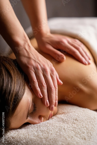 Fototapeta Close-up of hands massaging a woman's back in a spa setting.