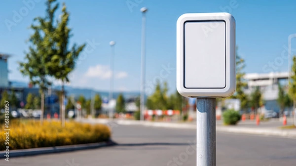 Obraz Parking Meter at a Parking: A modern parking meter stands tall in a well-maintained parking area. Its clean design contrasts with the vibrant green trees, all under a bright blue sky.