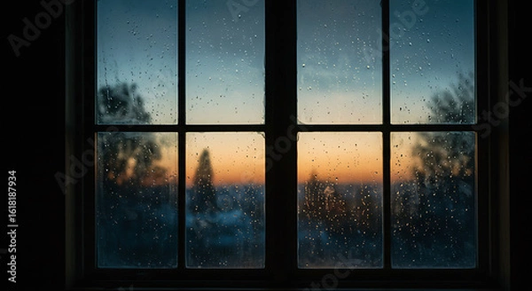 Fototapeta A soft, dreamy watercolor painting of a dark room with a window at dusk.