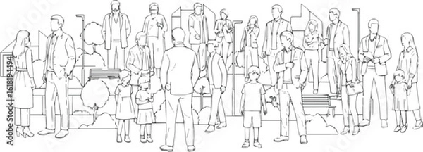 Fototapeta Create a kinds of deferent People line cad art of men, women, and kid standing walking talking in front back and side view. Symbol for architecture and landscape design drawing. vector art.