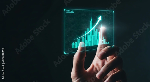 Obraz Hand holding transparent screen showing upward city skyline graph, symbolizing growth, progress, and urban development, suitable for business or technology concepts