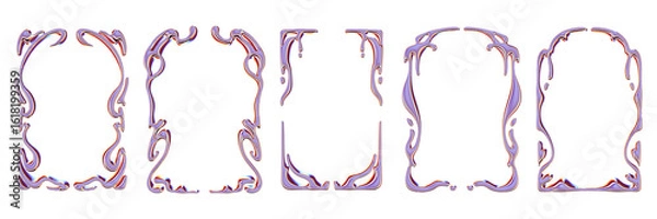 Fototapeta 3D liquid chrome frame set, futuristic gothic metal y2k border, organic empty banner aesthetic kit. Melted silver shapes, holographic droplet symmetric ornament, neon cosmic fluid metal. Chrome frame