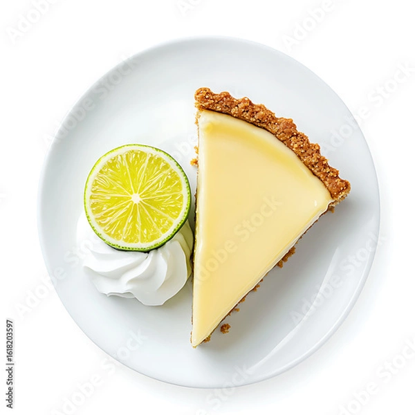 Fototapeta Slice of Key Lime Pie with Whipped Cream and Lime Garnish on a White Plate