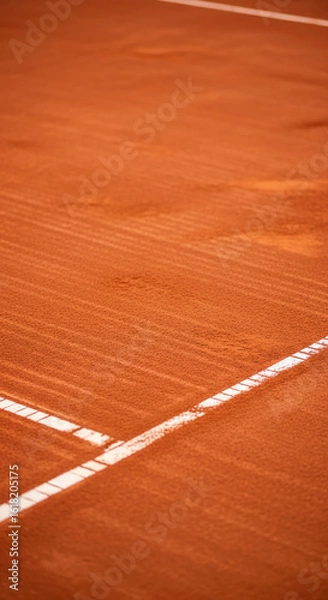 Fototapeta Close-up of reddish-brown clay tennis court surface, showing texture and white lines, representing sport, competition, and energy