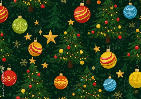 Fototapeta A christmas themed pattern with christmas trees, ornaments, and stars on a dark green background