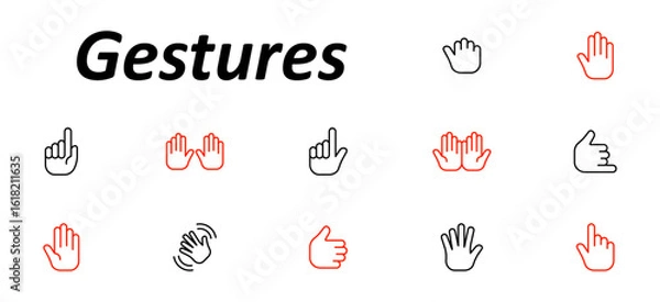 Fototapeta Gestures set icon. Raised fingers, open hands, thumbs, waves, index points, palm displays, and communication hand signs in minimal outline showing various expressive motions.