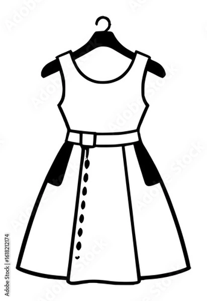Obraz Silhouette of a Dress on a Hanger, Black Outline on White Background
