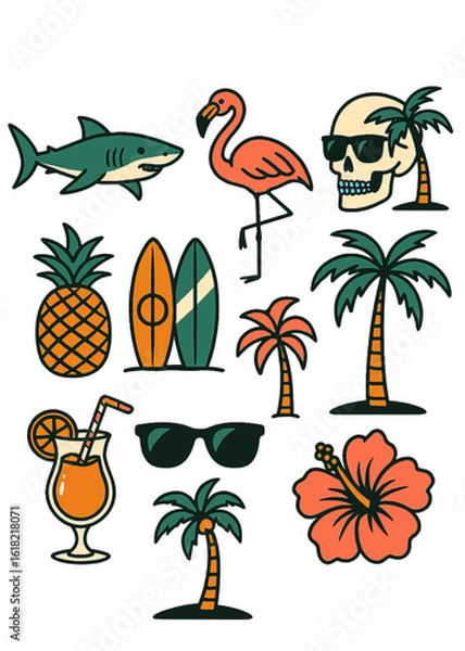 Fototapeta A collection of summer themed illustrations featuring tropical elements and beach related items