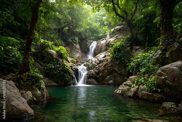 Fototapeta beautiful waterfall in green forest in jungle