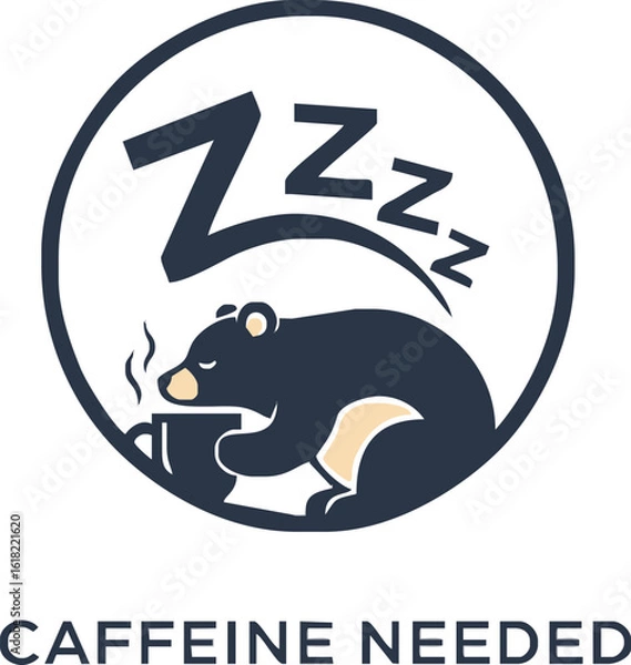 Fototapeta A sleepy bear holds a steaming coffee mug in a circular logo with Zzz's, illustrating the need for caffeine.