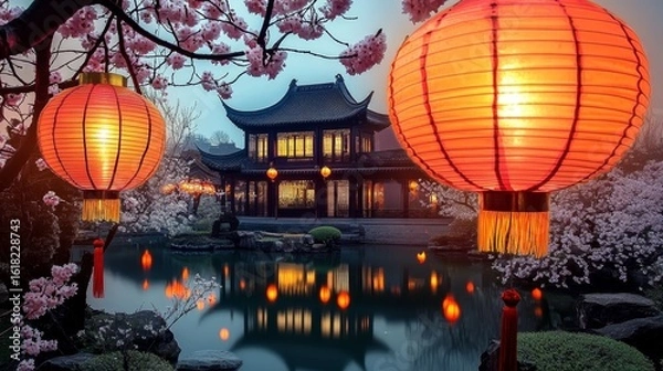 Fototapeta Twilight in a serene Chinese garden with cherry blossoms, lanterns, and reflections on the lake