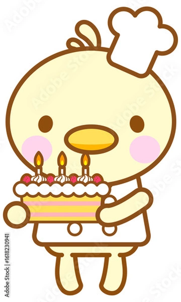 Obraz シェフのひよこがケーキを持っているイラスト、ラインアート、線画
