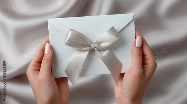 Fototapeta Hands holding an elegant white envelope with a satin ribbon bow on a gray background.
