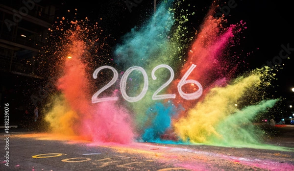 Fototapeta A vibrant explosion of colorful powder bursts from the center, showcasing the number 2026 in bold white font. The colors range from bright pink, blue, green, and yellow, radiating against a solid blac