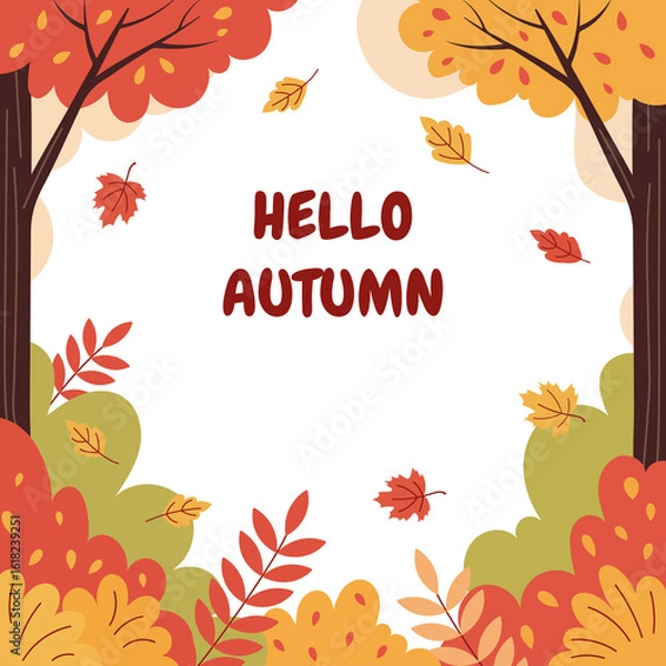 Fototapeta Hello autumn. Colorful background with autumn nature. Autumn banner. Cartoon autumn illustration
