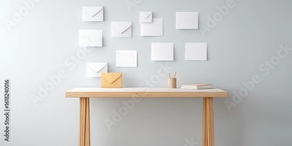 Fototapeta financial trouble unemployment stress concept. Minimalist desk with envelopes and notes on a light gray wall.