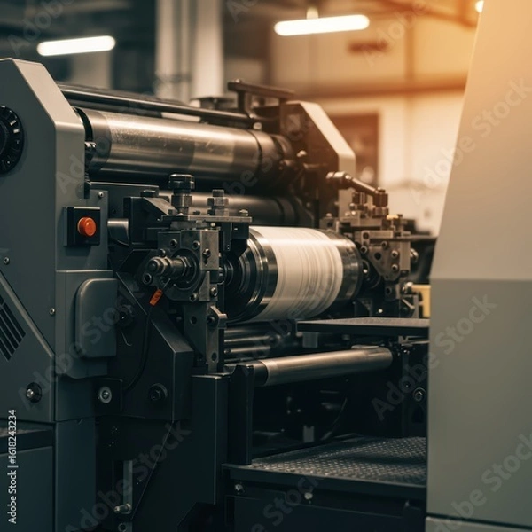 Obraz Printing press rollers and mechanisms inside a factory. Automated production machinery for large scale commercial printing for banner, poster, or blog post.