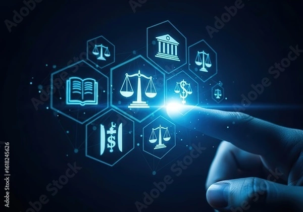Obraz Digital justice and legal technology innovation with futuristic interface and human interaction