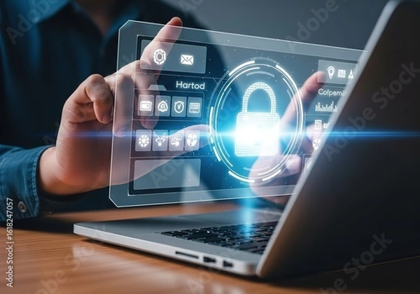 Fototapeta Person interacting with a futuristic digital interface featuring a glowing padlock symbol for enhanced cybersecurity