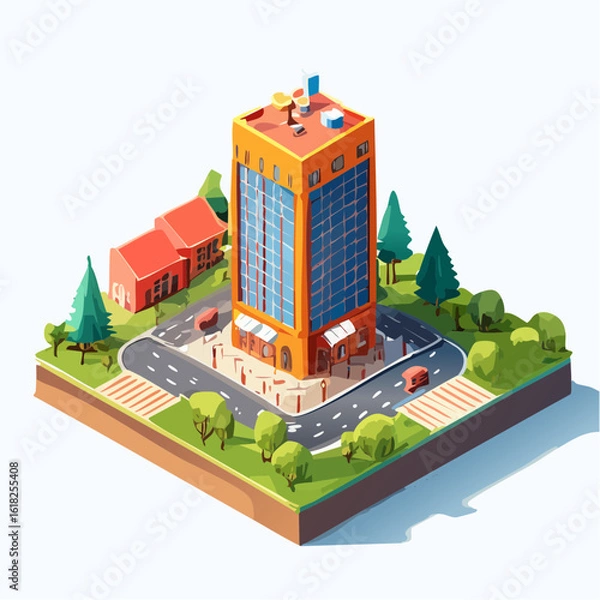 Fototapeta Building illustrator showing a charming neighborhood with colorful isometric buildings. Perfect for real estate, urban development, and architectural projects.