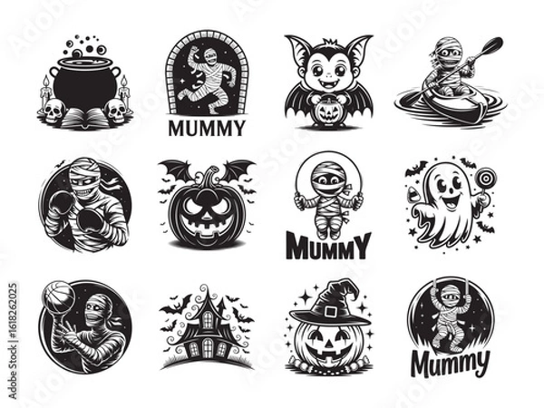Fototapeta Spooky Halloween icons featuring a mummy, bat, pumpkin, ghost and cauldron in monochrome