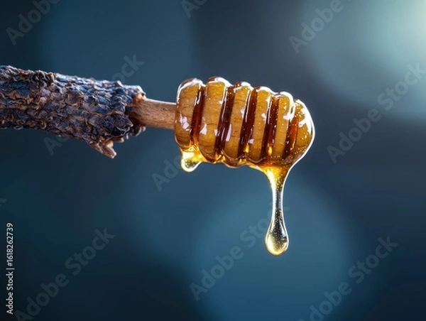 Fototapeta Macro capture of a single drop of honey dripping from a honey dipper, golden and glossy, illuminated against a dark background. , closes up