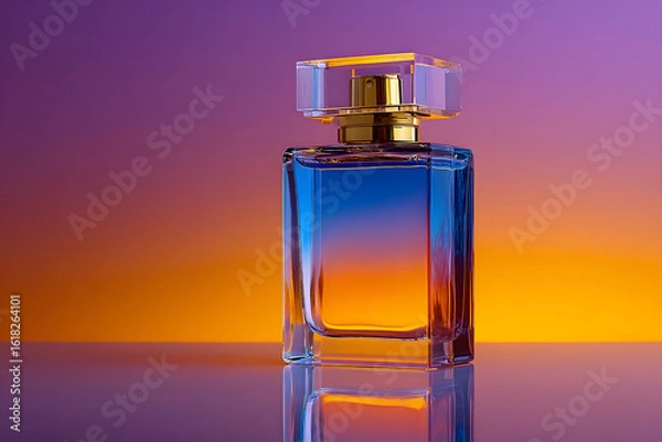 Fototapeta Elegant perfume bottle on reflective surface, purple to orange gradient background.