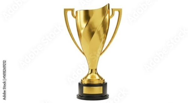 Obraz Gleaming gold trophy isolated on white background, featuring ornate handles and a swirling central body, atop a black base with a blank plaque