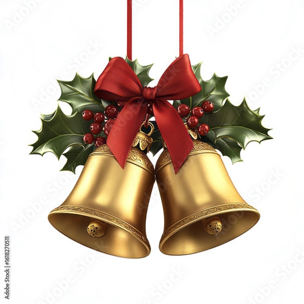 Fototapeta hristmas bells with a red bow and holly leaves on a transparent background