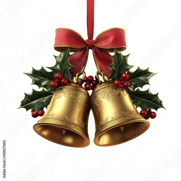 Fototapeta hristmas bells with a red bow and holly leaves on a transparent background