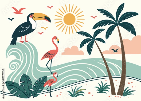 Fototapeta Exotic Beach Summer Collection: Hand-Drawn Toucan, Flamingo, Palm Tree, Sun, and Tropical Waves Illustration for Vacation and Nature Designs