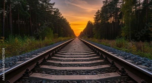 Obraz Railway Tracks Stretching Through Forest at Sunset
