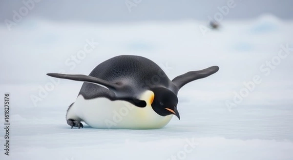Fototapeta Emperor Penguin Sliding Across Snowy Antarctic Ice Field