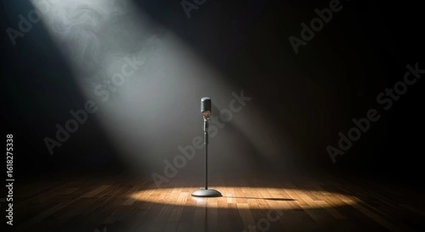 Fototapeta Vintage Microphone Alone on Dramatic Spotlight Stage