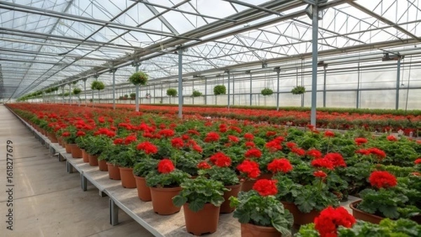 Fototapeta Vast greenhouse filled with rows of vibrant red geraniums ready for sale