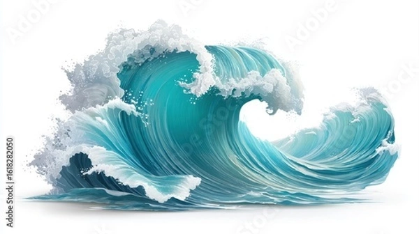 Fototapeta A powerful turquoise ocean wave crashes with foamy white spray against a bright, clean background.