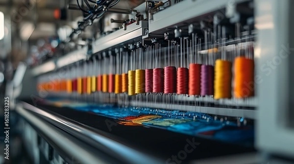 Fototapeta Embroidery Machine Working with Thread Spools Creating Pattern
