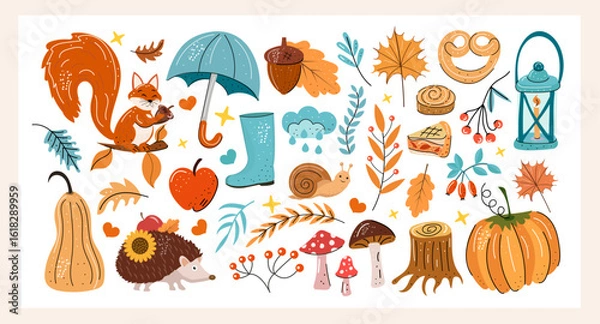 Fototapeta Autumn vector elements set. Cozy fall stickers. Leaves, pumpkins, umbrella, hedgehog. The inscription hello fall. Isolated background. Illustration in the hand drawn style.