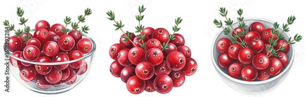 Fototapeta fresh red cranberries with green thyme sprigs in bowls and as a pile, watercolor collection