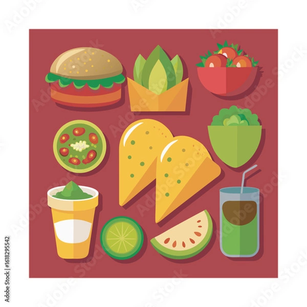 Fototapeta Delicious Assortment of Traditional Mexican Cuisine and Refreshing Beverages Presented in a Vibrant Flat Design Style