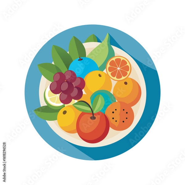 Obraz A Beautiful Arrangement of Fresh Healthy Tropical Fruits and Berries Presented on a White Plate with Green Leaves and Shadows