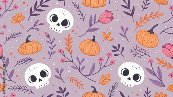 Fototapeta Seamless pattern with white skulls vector background