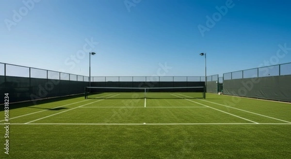 Fototapeta Sunlit professional tennis court with vibrant green artificial grass under a clear blue sky, ready for a match.