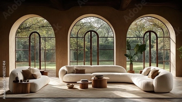 Obraz A sophisticated, curvaceous sectional sofa arrangement in a light-filled, airy room