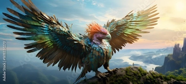 Fototapeta A haunted gothic garuda perched on a wind-swept hill art, generative ai