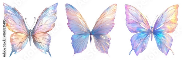 Fototapeta Fantasy Butterflies with Iridescent Translucent Wings in Pastel Rainbow Tones on Transparent Background